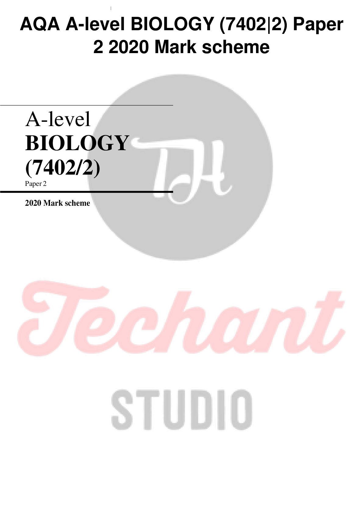 Preview image for AQA A-level BIOLOGY (7402|2) Paper 2 2020 Mark scheme